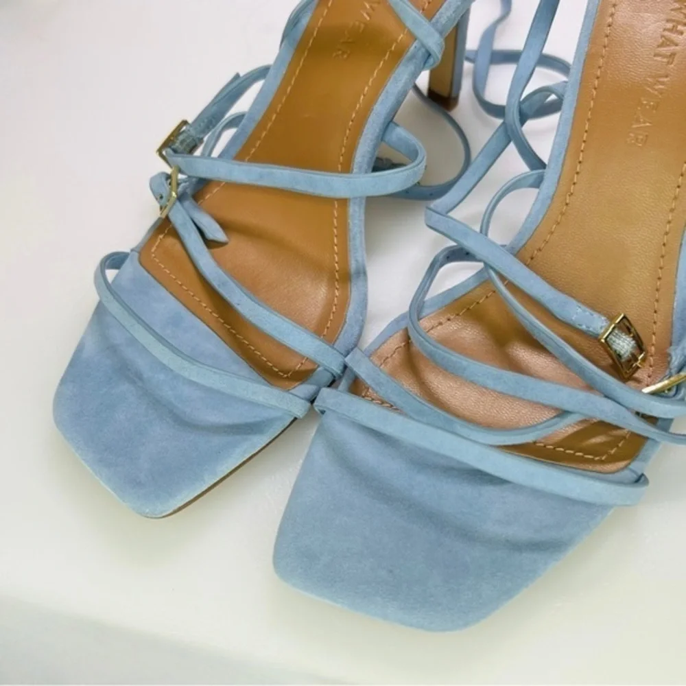 Who What Wear Buckle Straps Heeled Sandals Blue Leather